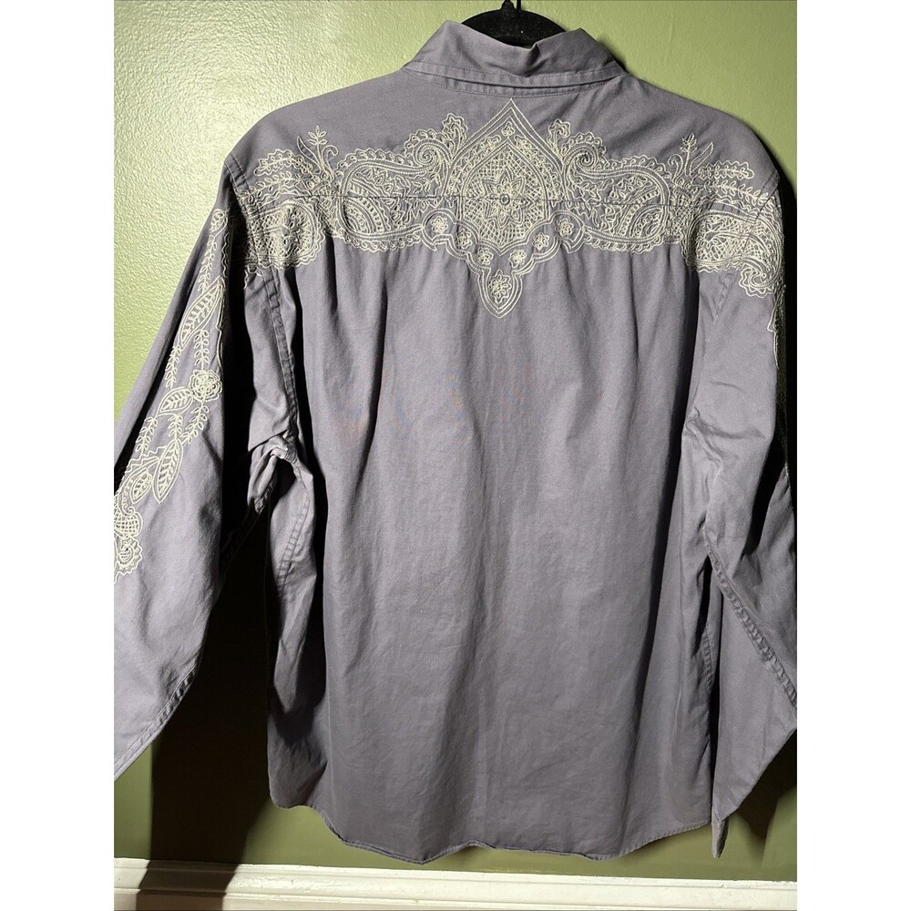 Lucky Brand Mens Embroidery Trim Shirt Bohemian Leaf Floral Button Up Large
